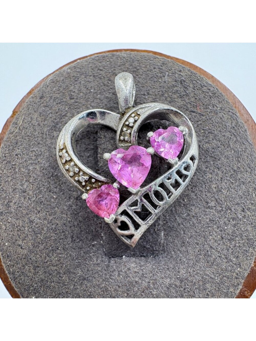 Pink Gemstone Mom Heart Pendant Sterling Silver 925 Size 1" Length